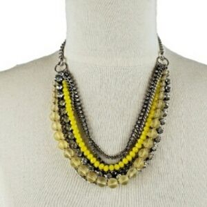 Loft Multi Strand Mixed Media Necklace Beads Rhinestones Chains Silver Yellow